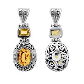 Sterling silver Citrine pendant with oval and square gemstones, intricate Bali filigree silverwork and oxidized finish, handcrafted artisan jewelry for women.